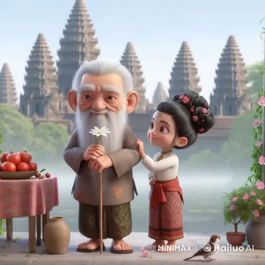 Elderly Man and Young Girl in Tranquil Moment at Angkor Wat – AI Generated Video | Hailuo AI