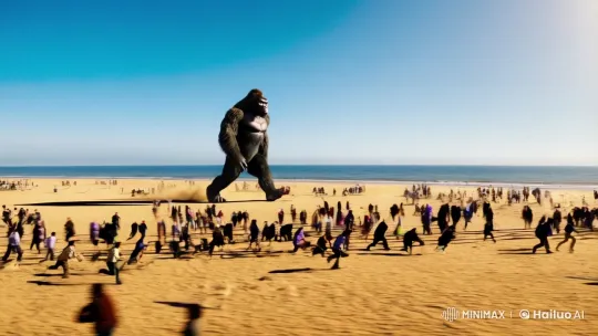 King Kong Avatar Terrifies Crowds on a Sunlit Beach in Cinematic 4K – AI Generated Video | Hailuo AI