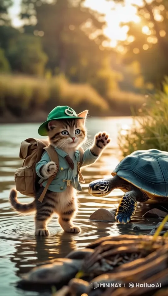 Kitten and Turtle Share a Heartfelt Farewell by the Riverbank – AI Generated Video | Hailuo AI