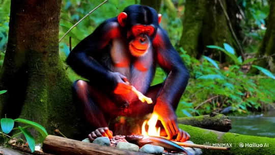 Chimpanzee Grills Dinner in Peaceful Forest – AI Generated Video | Hailuo AI
