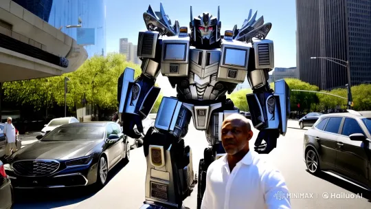 Man Walks with Optimus Prime on Bustling City Street – AI Generated Video | Hailuo AI