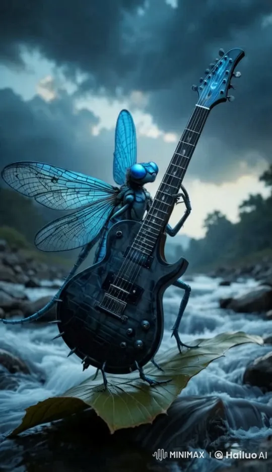 Dragonfly with Electric Guitar in Stormy River Scene – AI Generated Video | Hailuo AI