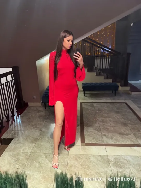 Elegant Girl in Red Dress Takes Selfie with Grace – AI Generated Video | Hailuo AI