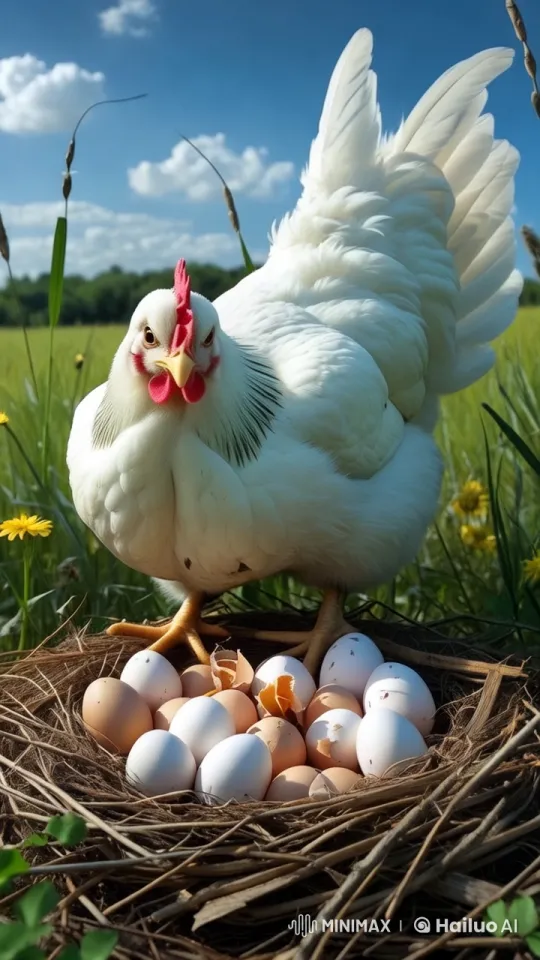 White Chicken Protects and Watches Over Hatching Chicks in Pastoral Setting – AI Generated Video | Hailuo AI
