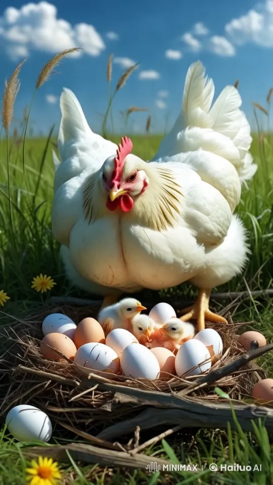 Mother Hen and Chicks Celebrate in Animated Meadow – AI Generated Video | Hailuo AI