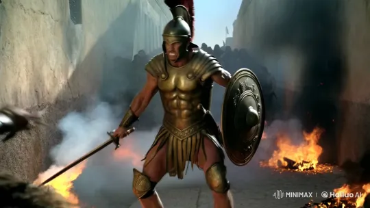 Spartan Warrior Engages in Chaotic Alleyway Battle – AI Generated Video | Hailuo AI