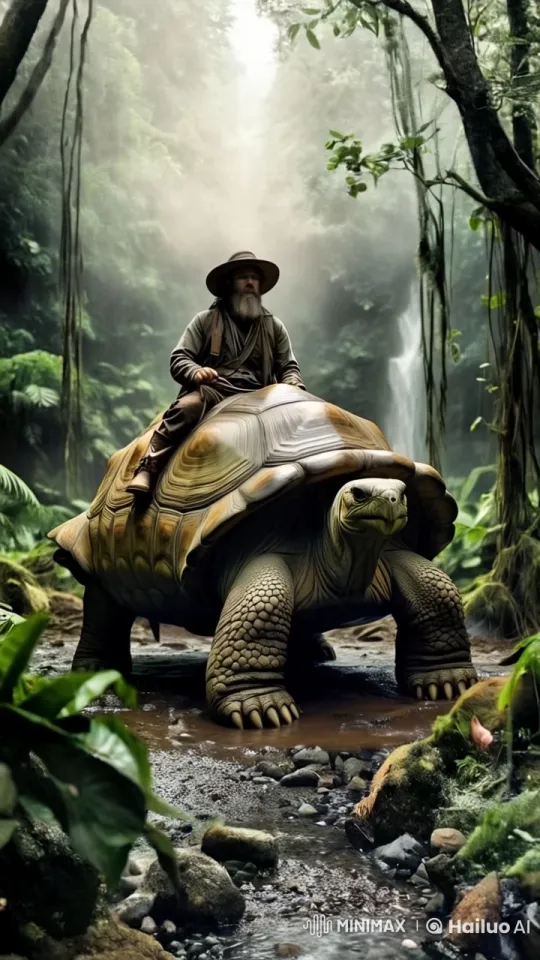Explorer Guided by Tortoise in Lush Jungle – AI Generated Video | Hailuo AI