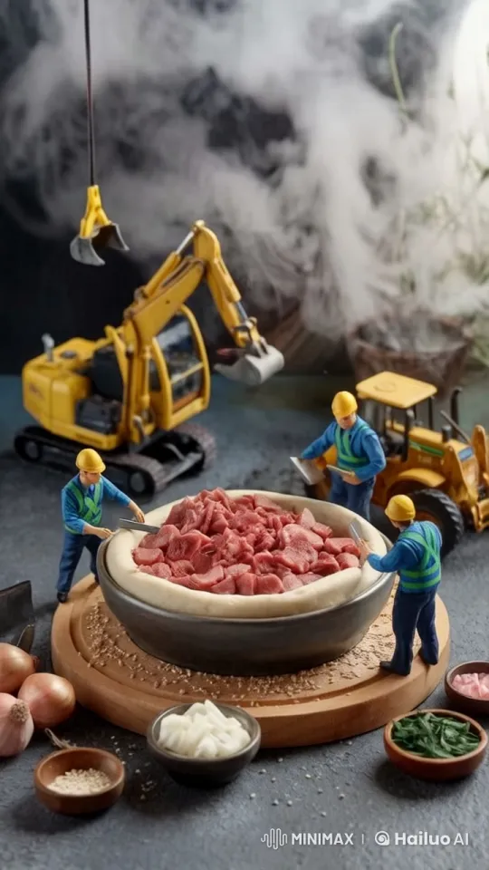 Tiny Construction Workers Prepare Meat in Whimsical Kitchen – AI Generated Video | Hailuo AI