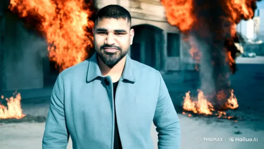 Man Walks Calmly Amidst Chaotic Explosion – AI Generated Video | Hailuo AI