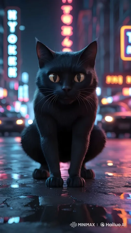 Realistic Black Cat Navigates Neon-Lit City Streets – AI Generated Video | Hailuo AI