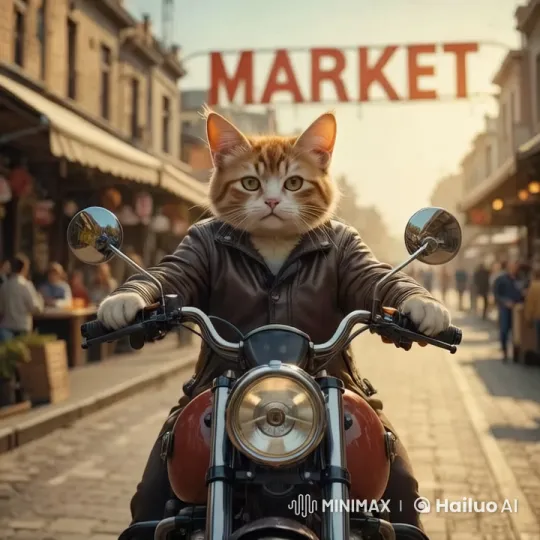 Cat in Leather Jacket Cruises Market on Motorcycle – AI Generated Video | Hailuo AI