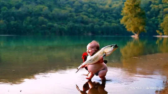 Innocent Joy by Serene Lake with Child and Rooster – AI Generated Video | Hailuo AI