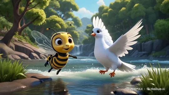 Peaceful Forest Scene with Dove and Bee Interacting – AI Generated Video | Hailuo AI