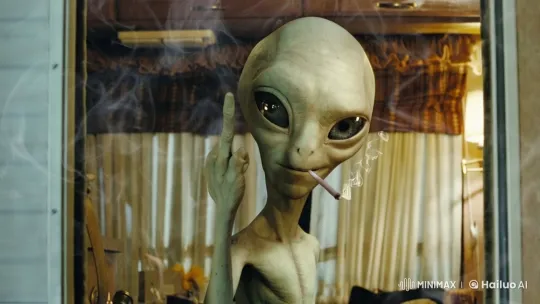 Alien Figure in Dimly Lit Room with Swirling Smoke – AI Generated Video | Hailuo AI