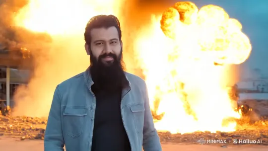 Confident Man Walks Calmly Amidst Chaotic Explosion – AI Generated Video | Hailuo AI