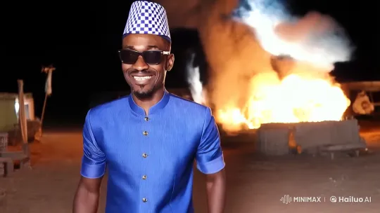 Man in Checkered Hat Walks Through Explosion's Glow – AI Generated Video | Hailuo AI
