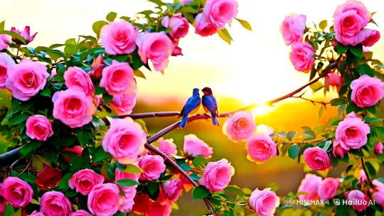 Lovebirds in Rose-Laden Branches Under Golden Sunset – AI Generated Video | Hailuo AI