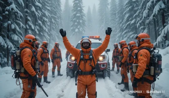 Rescue Team Prepares in Snowy Forest Amid Winter Conditions – AI Generated Video | Hailuo AI