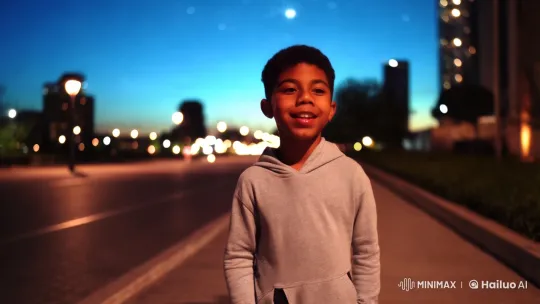 Urban Night Stroll: Boy's Peaceful Connection to the Stars – AI Generated Video | Hailuo AI