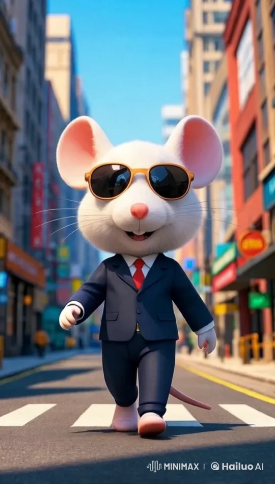 Anthropomorphic Mouse Struts in Cityscape Live2D Animation – AI Generated Video | Hailuo AI