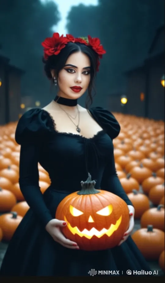 Gothic Woman with Jack-o'-lantern in Enchanted Pumpkin Patch – AI Generated Video | Hailuo AI