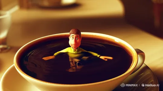 Miniature Man Serenely Floats in Coffee Amid Café Drama – AI Generated Video | Hailuo AI