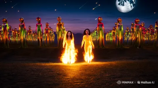 Couple in Fiery Aura Walks Through Surreal Twilight Landscape – AI Generated Video | Hailuo AI