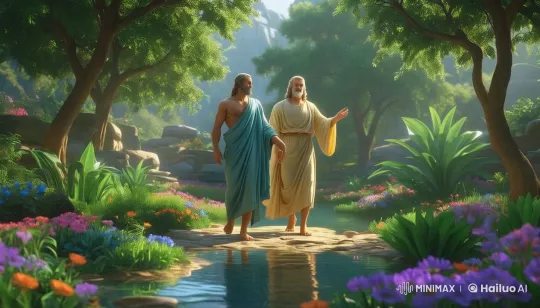 God and Adam in Serene Classical Garden – AI Generated Video | Hailuo AI