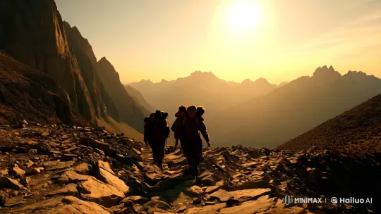 Nomadic Women Braving Mountain Path at Dawn – AI Generated Video | Hailuo AI