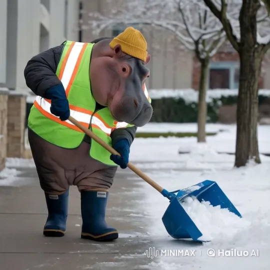 Hippo Shoveling Snow in Winter Outfit – AI Generated Video | Hailuo AI