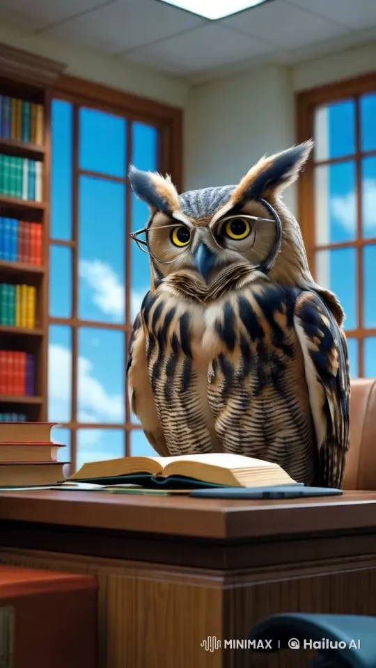 Wisdom Office: Owl, Books, and Bright Blue Sky – AI Generated Video | Hailuo AI
