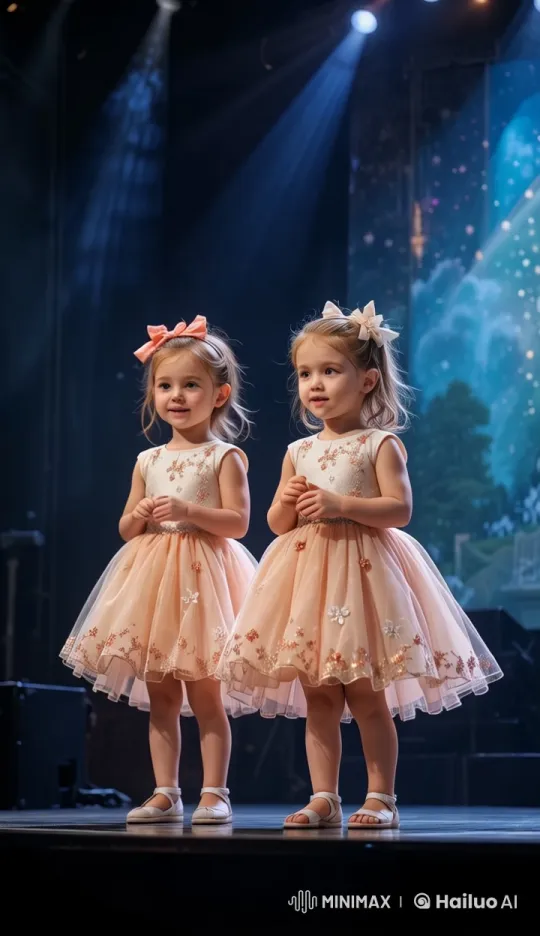 Baby Girls Prepare for Stage Performance in Matching Dresses – AI Generated Video | Hailuo AI