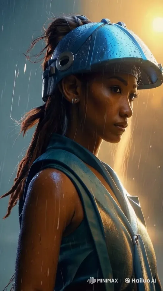 Woman in Rain with Visor Amidst Steady Downpour – AI Generated Video | Hailuo AI