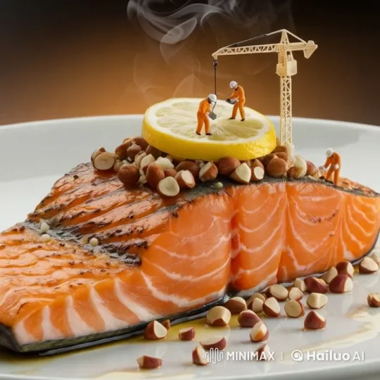 Mini Construction Crew on Grilled Salmon with Lemon – AI Generated Video | Hailuo AI