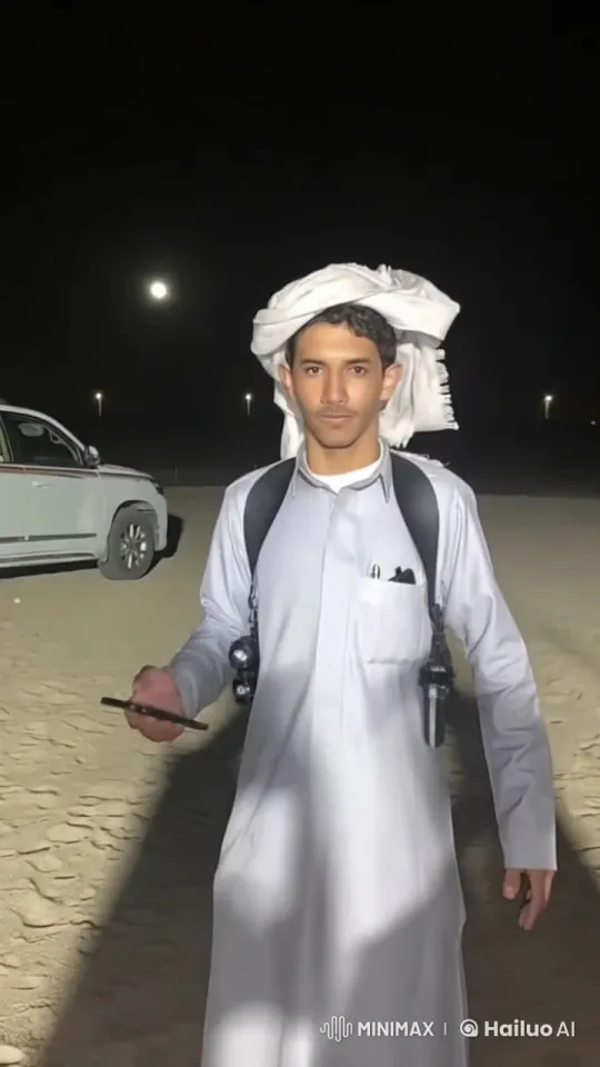Middle Eastern Man Smoking Under Night Sky with Smartphone – AI Generated Video | Hailuo AI