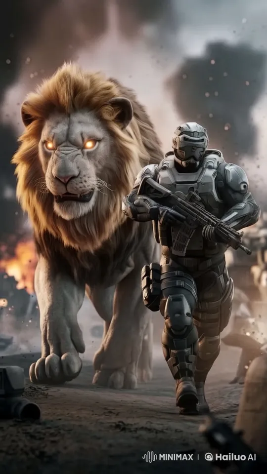 Armored Soldier and Lion March Through Chaotic Battlefield – AI Generated Video | Hailuo AI