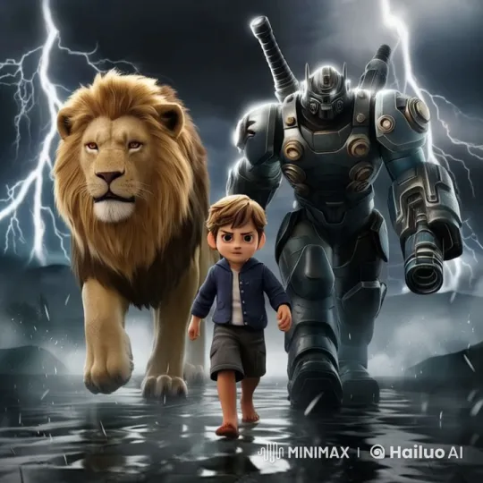 Boy Led by Lion and Robot Braves Stormy Landscape – AI Generated Video | Hailuo AI
