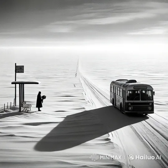 Winter Landscape with Departing Bus and Woman – AI Generated Video | Hailuo AI