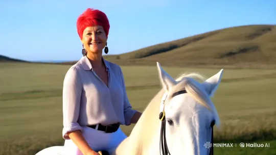 Red-haired Woman Joyfully Rides White Horse in Open Field – AI Generated Video | Hailuo AI