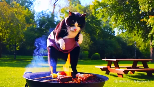 Black and White Cat Grills with Precision in Sunny Park – AI Generated Video | Hailuo AI