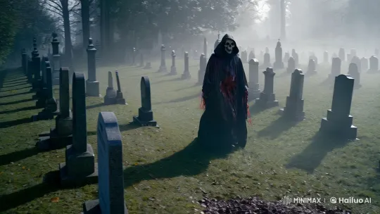 Aesthetic Haunting: Grim Reaper in a Blood-Stained Graveyard – AI Generated Video | Hailuo AI