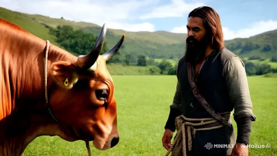 Man Faces Bull in Tense Dominance Display – AI Generated Video | Hailuo AI