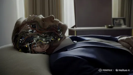 Man with Circuitry Head in Surreal Cityscape – AI Generated Video | Hailuo AI