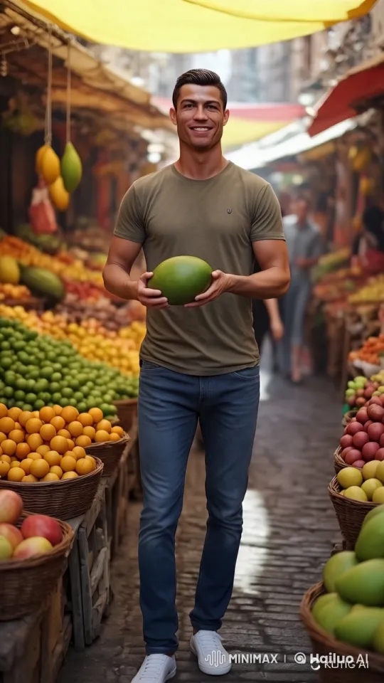 Cristiano Ronaldo at a Lively Outdoor Fruit Market – AI Generated Video | Hailuo AI