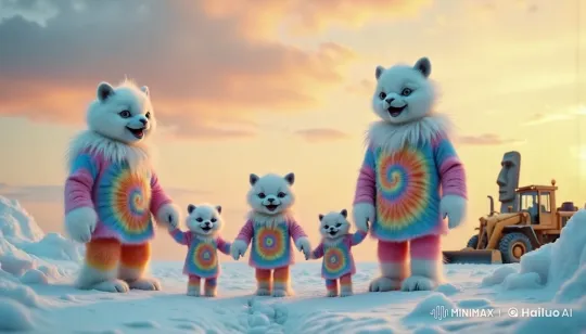 Anthropomorphic Polar Bears Family Jam in Snowy Sunset – AI Generated Video | Hailuo AI