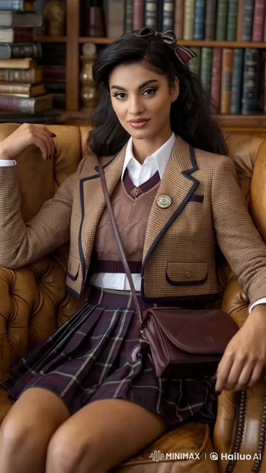 Young Woman in Cozy Library with Elegant Uniform and Gentle Movements – AI Generated Video | Hailuo AI