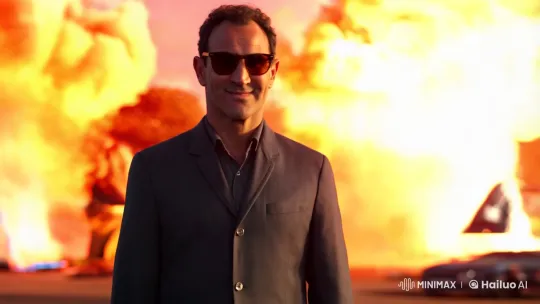 Character Struts Towards Camera Amidst Dramatic Explosion – AI Generated Video | Hailuo AI