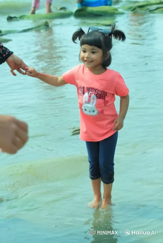 Child Enjoying Beach with Adult, Sunny Day – AI Generated Video | Hailuo AI
