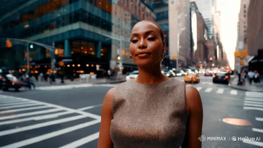 Woman in Serene Contrast Amidst Bustling NYC Streetscape – AI Generated Video | Hailuo AI