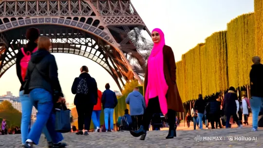 Elegant Woman in Parisian Streets with Eiffel Tower – AI Generated Video | Hailuo AI